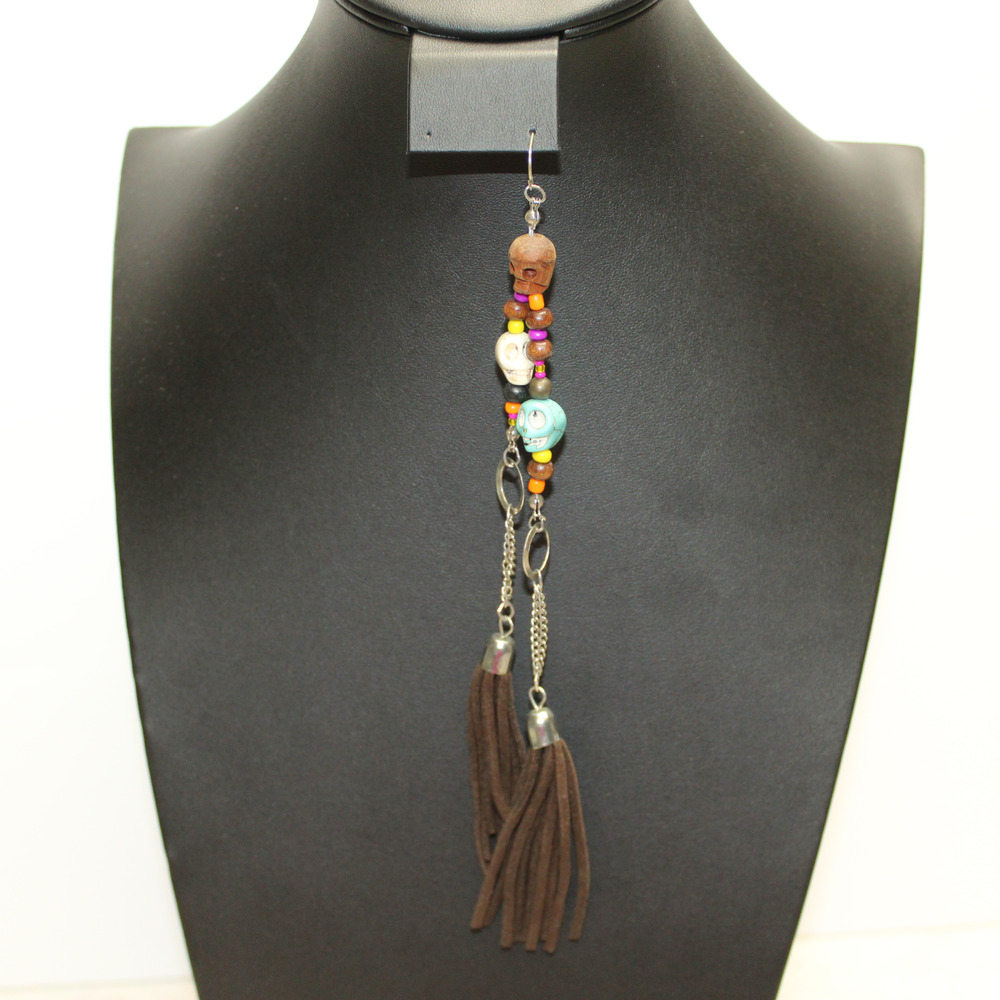 Fringe Leather Tassel Teal White Brown Triple (3) Skull Dangle Earring SINGLE